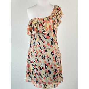 Jenny Han Silk One Shoulder Ruffle Mini Dress Abstract Print Wedding Guest Small